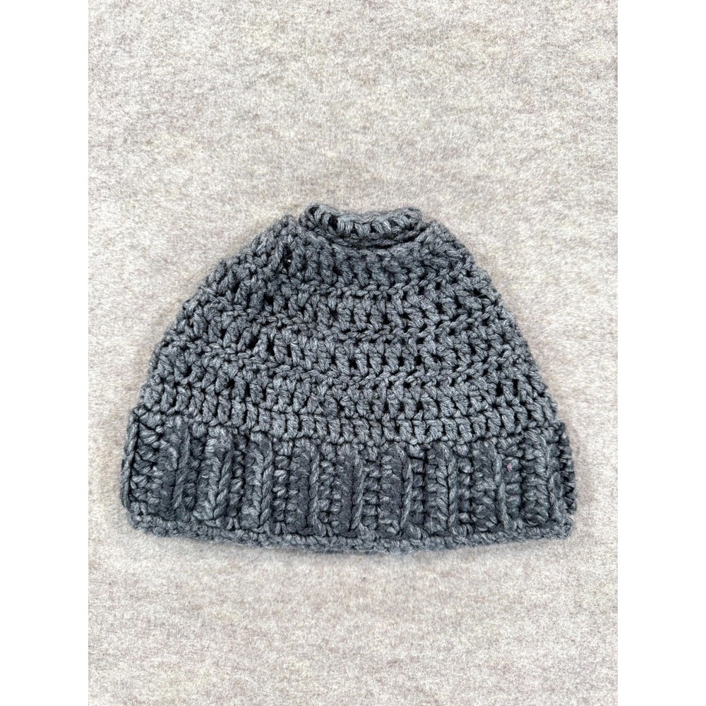 Handmade Crochet Messy Bun Hat Womens Charcoal Gray Ribbed Trim Tight Knit